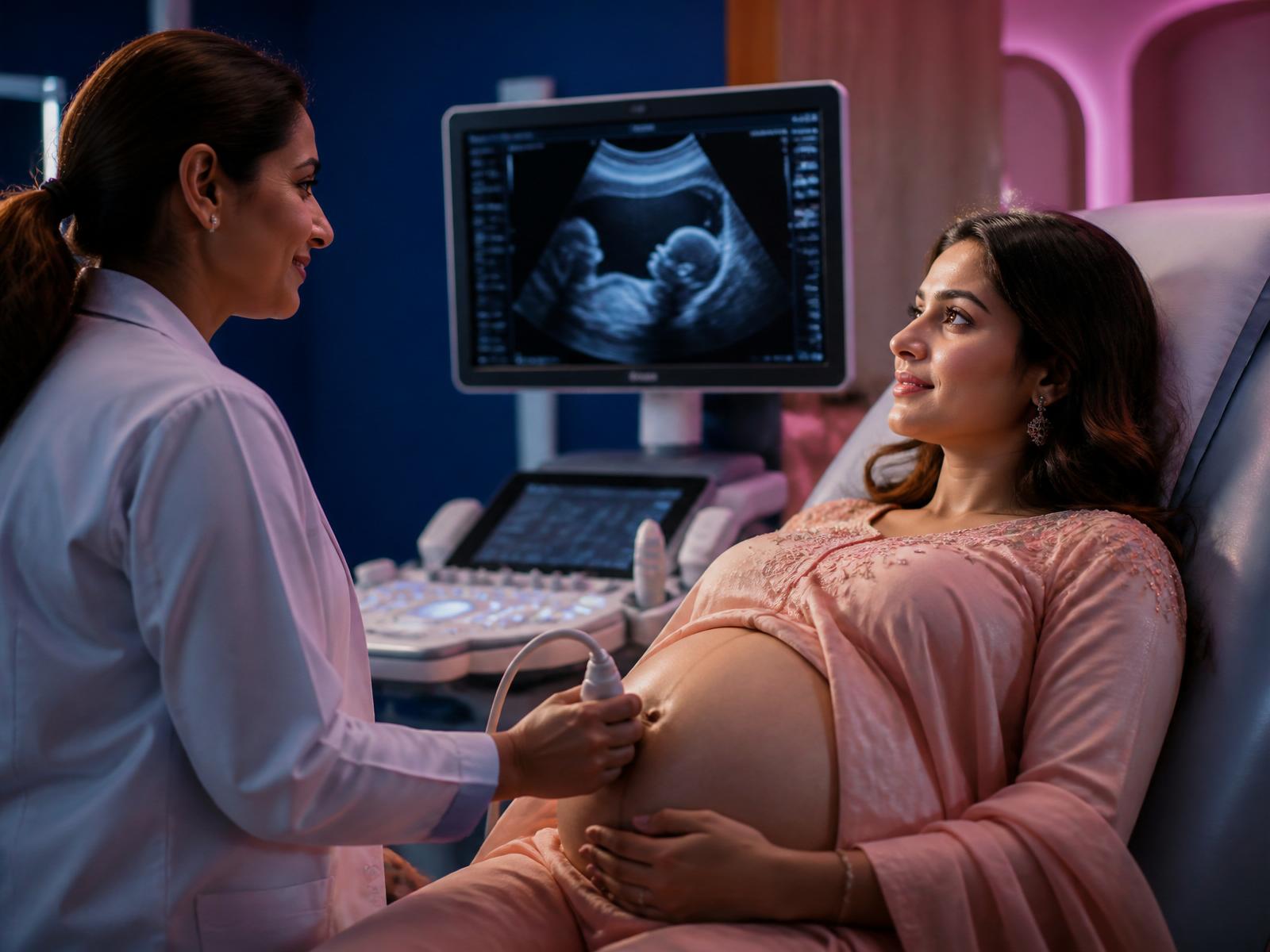 Dr. Archana performing an ultrasound on an expectant mother at Vivid Scans Chennai