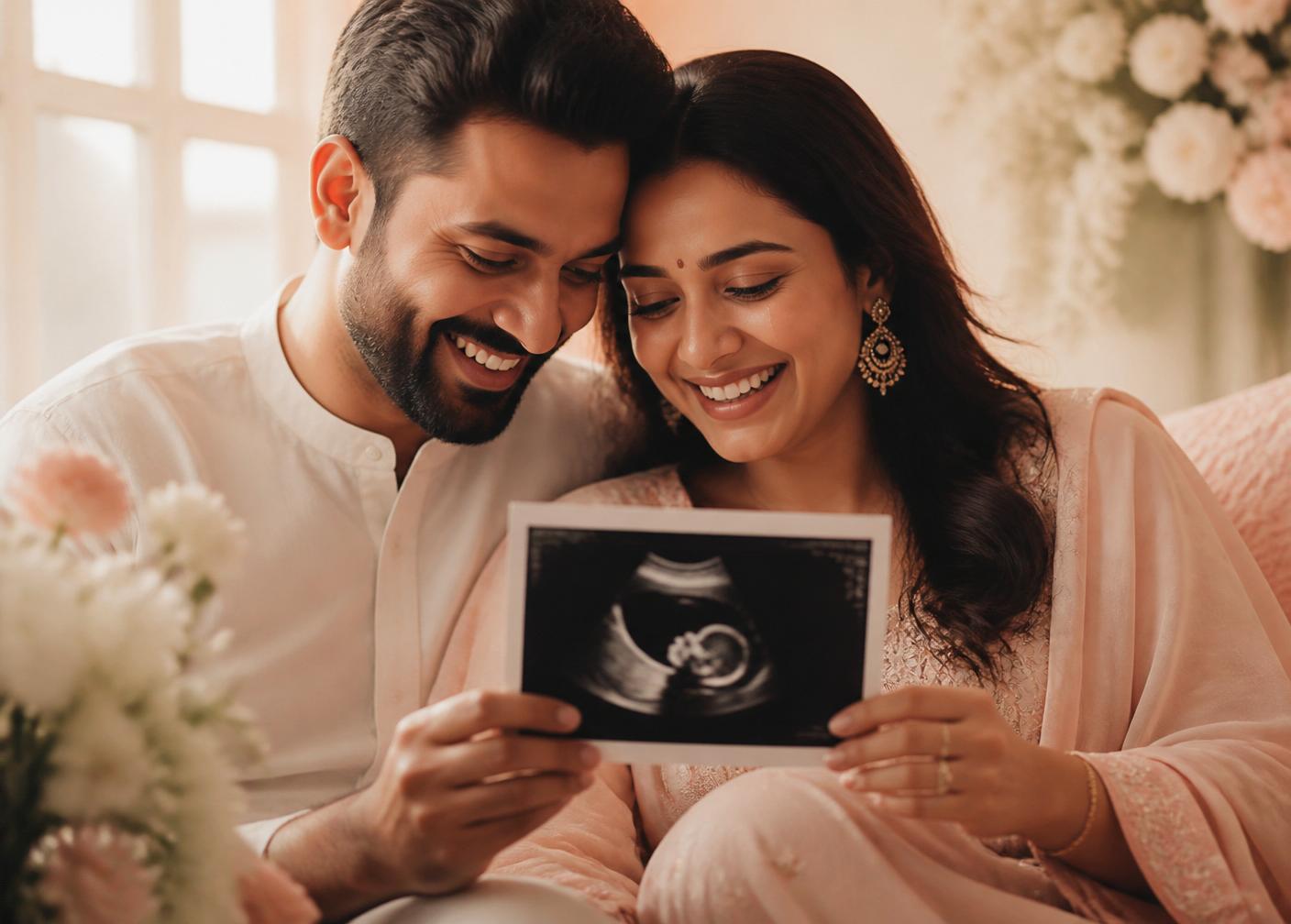 Happy parents holding an ultrasound photograph of their baby